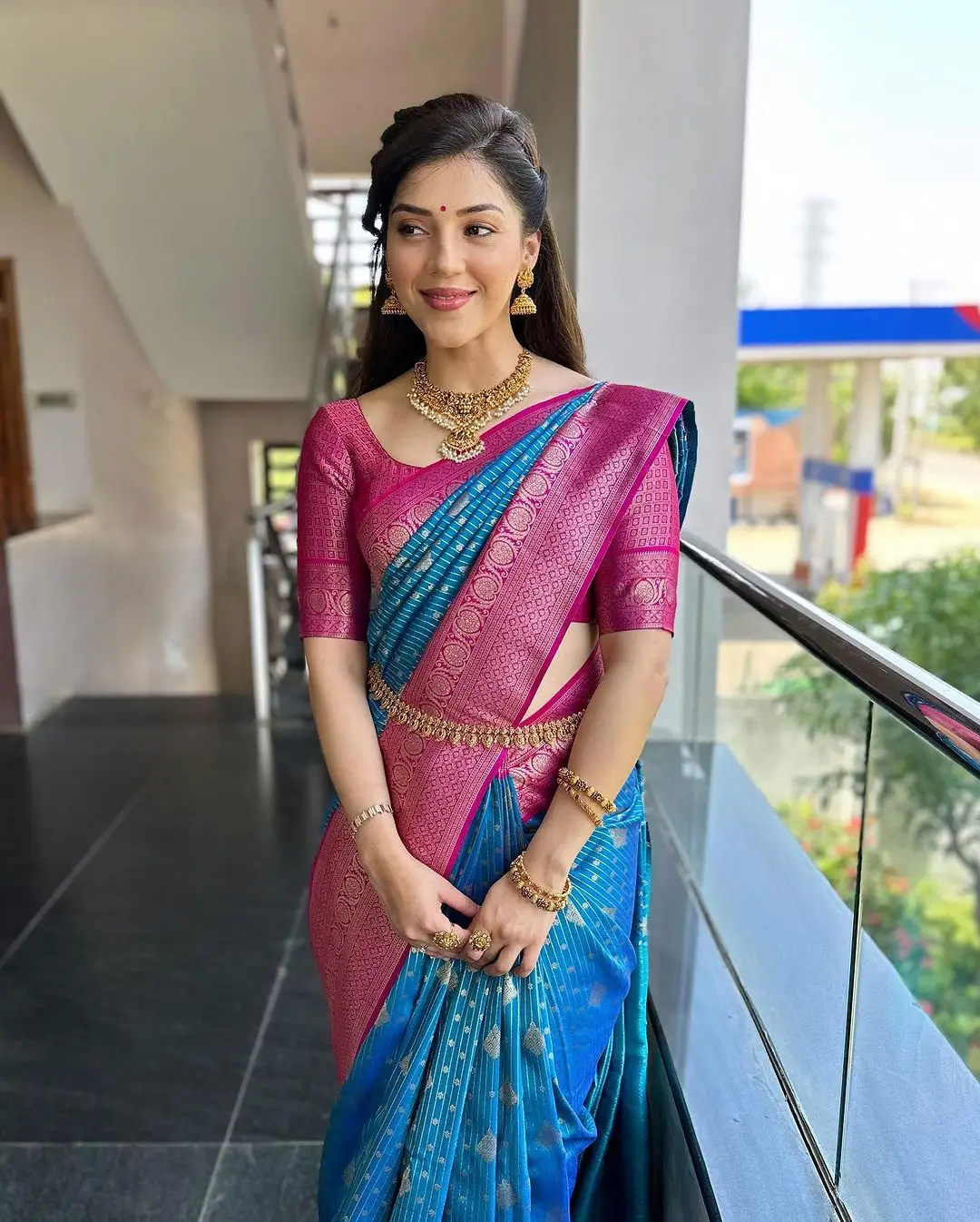 Mehreen Pirzada In South Indian Traditional Blue Saree Pink Blouse